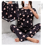 Women's Pajamas 3-Piece Set Sleepwear Home Clothes Autumn Short Sleeve Top with Shorts & Long Pants Loungewear Short Suit Pyjama