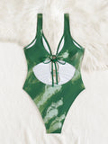 DEKA Metal Ring V Neck One Piece Women's Swimsuit Tummy Control Hellow Out Swimwear Mesh Wrap Bathing Suit For Beach Vacation