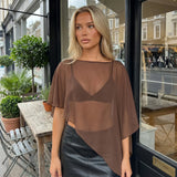 Women Loose Boat Neck Irregular Coverup Tops Casual See Through Shrug Solid Color Sheer Mesh Poncho