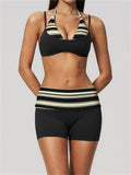 Breathable Striped Patchwork Yoga Clothing Women Fake Two-piece Sports Bra Folding High Waist Shorts Gym Running Fitness Suit