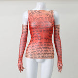 AHAgaga Sexy Tee T-shirt Women 2025 Summer Casual Letter Print Skinny See Through With Gloves Cropped Shirts Women Female Blusas