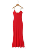 V Neck Spaghetti Strap Red Party Women's Dress Flower Decor Elegant Sleeveless Bodycon Maxi Vestidos 2025 Beach Casual Long Robe