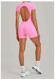 Half-zipper Slimming Yoga Jumpsuit Women Hollow Out Backless Sports One Piece Suits Short Sleeve Butt Lifting Tight Overalls