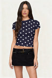 Women's summer fashion retro polka dot short-sleeved printed slim round neck top