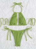 2025 Halter Tie Side Hollow Out Smocked Bikini Women Swimsuit Female Swimwear Two Pieces Bikini Set Swim Bathing Suit Beach Wear