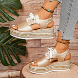 Plus Size Lace Up Chunky Platform Sandals Women 2026 Summer Peep Toe Wedges Sandals Woman Rivets Thick Bottom Gold Sandalias