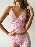 Women Two-pieces Pajamas Set Pink Floral Lace Patchwork Sleepwear Sleeveless Camisoles and Slim Cute Shorts Loungewear
