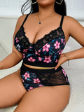 Lace Floral Print Lingerie Set Sexy Wireless Bra Plus Size Push-Up Thin Breathable Seamless Adjustable