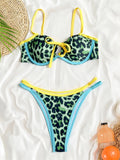 Contrast Color Leopard Swimsuit for Women Sexy Push Up Thong Bathing Suit Beachwear Underwire Low Waist Swimwear String Bikinis
