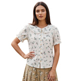 Women Doll Collar Loose Floral/Solid Tops Short Sleeve Button-down Shirts Casual Summer Streetwear