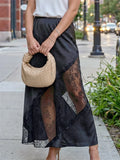 Fashion Stylish Women's Long Skirt Solid Color Satin Lace Patchwork Mid Rise Skirt for Spring Summer