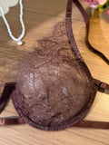French Vintage Dark Brown Lace Lingerie Set Women Sexy Sheer Mesh Bralette Bra and Panty Thong 2 Piece Sets