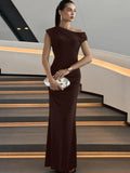 FDYOUI Woman Clothes Diagonal Collar Ruched Brown Long Dresses 2026 Summer Lady Chic One Shoulder Sleeveless Tunics Party Dress