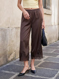 Women's Satin Lace Hem Capris Elastic Waist Loose Fit Wide Leg Pants Solid Color Lounge Street Casual Cropped Pants Summer