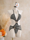 Sexy Black Stripe Knitted One Piece Swimwear Skirts Sets 2026 Women Metal Circle Hollow Out Backless Bathing Suit Thong Swimsuit