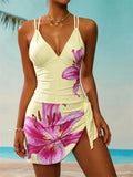 Vintage Yellow Lily Floral Print One Piece Swimsuit Women Double Strap V Neck Holiday Slim Tummy Control Skirt Swimwear Set 2026