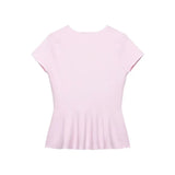 Women's Fashion Skirt Knit Top Women Pink Solid Color V Neck Short Sleeve Knit Top Hem Slim Fit Casual Elegant For Summer HFZN