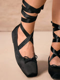 Balletcore Style Satin Lace-Up Flats for Women Black Ballerina Bow Detail Square Toe Ankle Wrap Ribbon Ballet Coquette Shoes