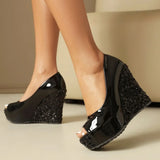 Plus Size Elegant Sequined White Chunky Platform Pumps Women's Black Pink Peep Toe Wedges High Heels Shoes for Party Wedding