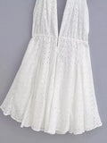 Foridol White Beach Summer Dress Women Backless Cotton Lace Short Autumn Sundress Women Clothing Halter A-line Pleated Dress