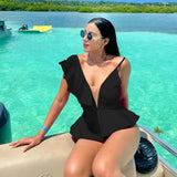Sexy Ruffle Shoulder Swimsuit V-Neck Swimwear Women Backless Push Up Bathing Suit  Beach Wear 2024 Female Swimming Suit