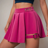 Harajuku Punk Gothic Hot Pink High Waist Mini Skirts Women Sexy Patchwork Bandage Pleated Skirt Harajuku Streetwear Ladies Skirt