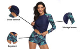 Women Two Pieces Vintage Print Rash Guard Swimwear Long Sleeve Shirt Shorts Surf Top Retro Print Running Shirt Split Swimsuit