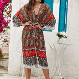 Printed Long Sleeve Crochet Knitted Cardigan Tunic Beach Cover Up Cover-ups Beach Dress Beach Wear Beachwear Female Women K7203