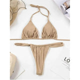 PU Pleated Ruched Bikinis Mini Micro Thong Bikini Women Swimwear Female Swimsuit Two-pieces Bikini Set Halter Bathing Suit Swim