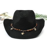 Women Men Straw Cowgirl Hat Starfish Shell Decor Western Panama Jazz Hat Summer Sun Hat for Travel Beach