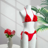 Women's Erotic Naughty Lingerie Sets Halter Neck 3D Mesh Flower Bra and Tie Up Thong