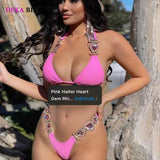DEKA Rhinestone Love Heart Bikini Set Women Diamond Swimsuit  Crystal Luxury Push Up Metal Thong Swimwear