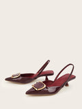 Large Size 35-43 Pointy Toe Burgundy Kitten Heels Slingback Women Summer Pumps Elegant Square Buckle Sandal OL Office Lady Shoes