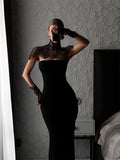 Ahagaga Sexy Women's Maxi Dresses With Lace Shawl Solid Strapless Sheath Slim Fit Fashion Gloves Summer Female Party Vestidos