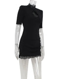 Ahagaga Sexy Sheath Women's Mini Dresses Solid Lace Turtleneck Slim Fit Bodycon Hollow Out Half Sleeves Streetwear Vestidos Robe