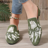 NASBAVI Fashion 3d Embroidery Mules Women Fur Slippers Velvet Shoes Ladies Low Heel Flower Decoration Sandals Women's Flip Flops