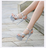 2026 New Silver Narrowband Women's Sandals 14CM Party Banquet Dress Shoes Summer Stiletto Nightclub Platform Crystal High Heels