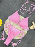 Sexy solid color special fabric swimsuit women's split bikini set woven rope hanging neck beach swimwear
