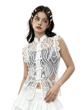 Women's Solid Color Lace Tank Tops Mandarin Collar Sleeveless Frog Buttons Summer Vest