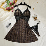 Women Leopard Print Lace Lingerie Nightgown Set Sheer Mesh Slip Dress With Thong Intimate Sleepwear ZA825233