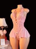 Adult Erotic Bodysuit Lace Hanging Collar Deep V-neck Semi Transparent Women Sexy Lingerie Crotchless Hot Underwear