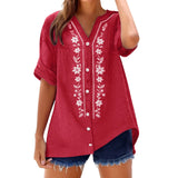 Womens V Neck Embroidered Linen Tunic Shirt Roll Up Sleeve Button Down Loose Fit Casual Boho Blouse Vintage Summer Beach Shirts