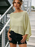 Womens Shawl Tops Lightweight Stylish Solid Color Irregular Hem Boat Neck Loose Fit Sheer Poncho Blouse Summer Knit Cover-ups
