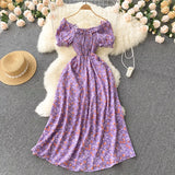 2025 Summer French Vintage Floral Dress Fashion Elegant High-Waisted Drawstring Vestidos Printed Fresh And Sweet Long Dresses