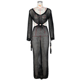 DEKA New Sexy Knit Mesh Cut Out Deep V Neck Long-sleeve Lace-up Fringe Tunic Summer Women Swimsuit Cover-ups Beach Maxi Dress