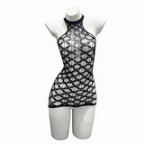 Sexy Mesh Halter Neck Hollow Out Open Crotch Dress With Exposed Chest And Sheer For Women Off-the-shoulder Mini Dress Charm RCIJ