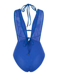 S - XL Deep V Neck Knit Fishnet Mesh One Piece Swimsuit Women Swimwear Female Backless Monokini High Leg Cut Bathing Suit Swim