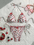 Triangle Halter String Bikinis 2026 Women Sexy Ruffle Swimsuit Solid Cherry Swimwear Female Bathers Bathing Swimming Swim Suit
