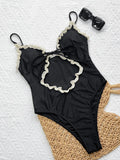 Contrast Color Women One-piece Suit Swimwear Sexy Hollow Out Frill Trim Swimsuit Lace-up Strappy Beachwear Bathing Suits Biquini