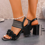 Fashion Flowers High Heel Sandals Women Summer Elastic Strap Slip On Thick Heeled Sandals Woman Plus Size Square Toe Party Shoes